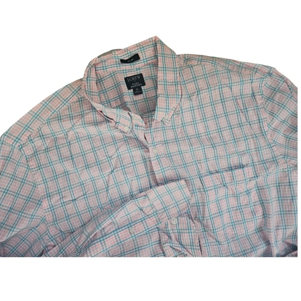 J Crew Shirt Men's XL Slim Fit ‎ Plaid Flex Washed  Pink Blue preppy EXC Button